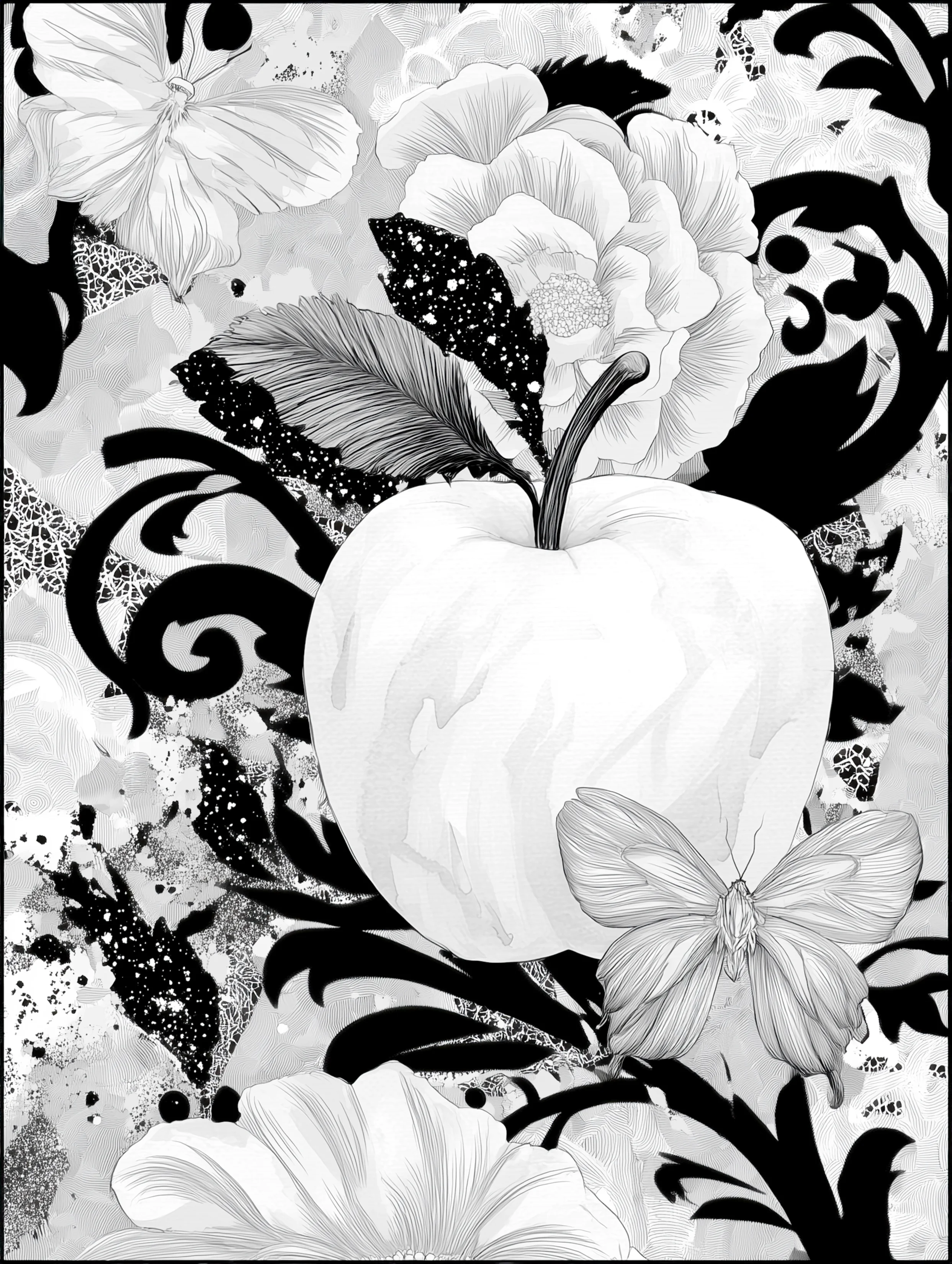 Free printable apple coloring page for adults featuring beautiful vines with apple